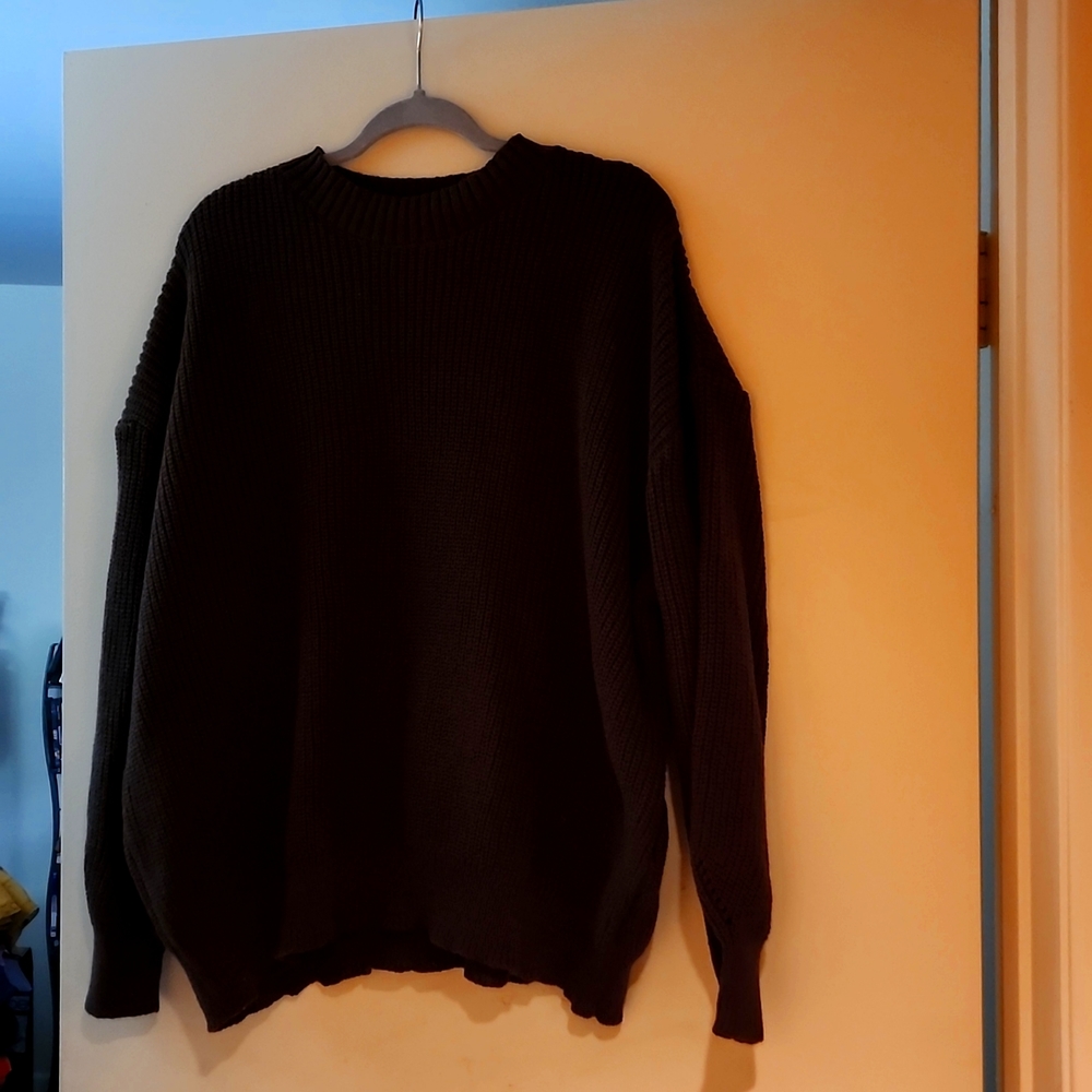 Brown Boho Womens Eyelet Detail Ribbed Knit Drop Shoulder Sweater